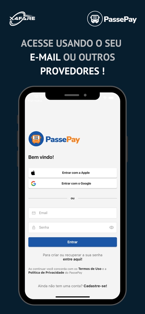 PassePay - Pantalla de inicio de sesión de la aplicación móvil PassePay mostrando opciones para iniciar sesión con Apple y Google.