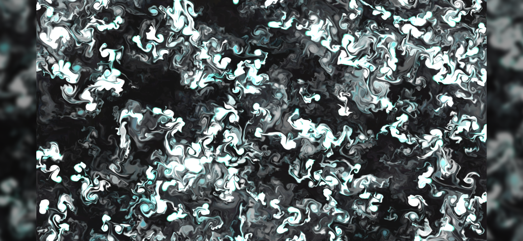 A complex abstract fluid art visualizer with swirling white and cyan smoke patterns on a black background