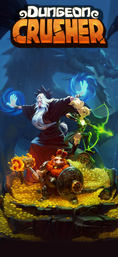 Dungeon Crusher AFK Heroesで、金貨の山の上に立つ魔法使いのエルフとドワーフの戦士のキャラクター
