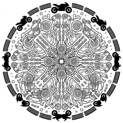 Discover the thrill of coloring with this unique motorcycle mandala design. This intricate page combines symmetrical patterns with detailed bike elements, offering hours of creative engagement for enthusiasts.