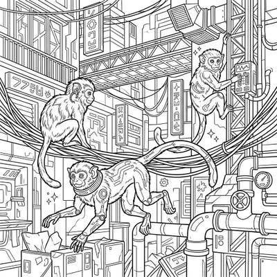 Dive into a vibrant future with this captivating coloring page featuring playful tamarins amidst a sprawling cyberpunk city. Discover intricate details like glowing wires and robotic enhancements as you bring this unique scene to life.