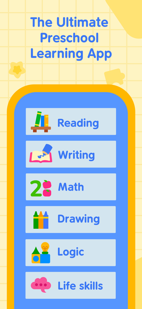 Kidori - Kids Learning Games - 読解、書き方、算数、お絵描きなどの就学前学習カテゴリーが表示されたKidoriアプリのインターフェース