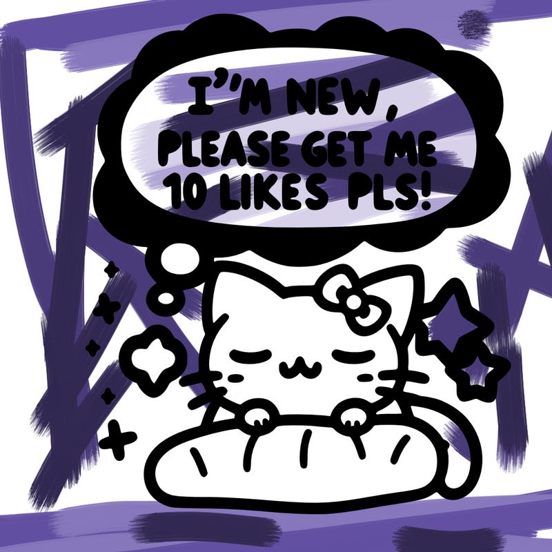 kitty taking a nap dream talking and saying "i'm new, please get me at least 10 likes pls!!"