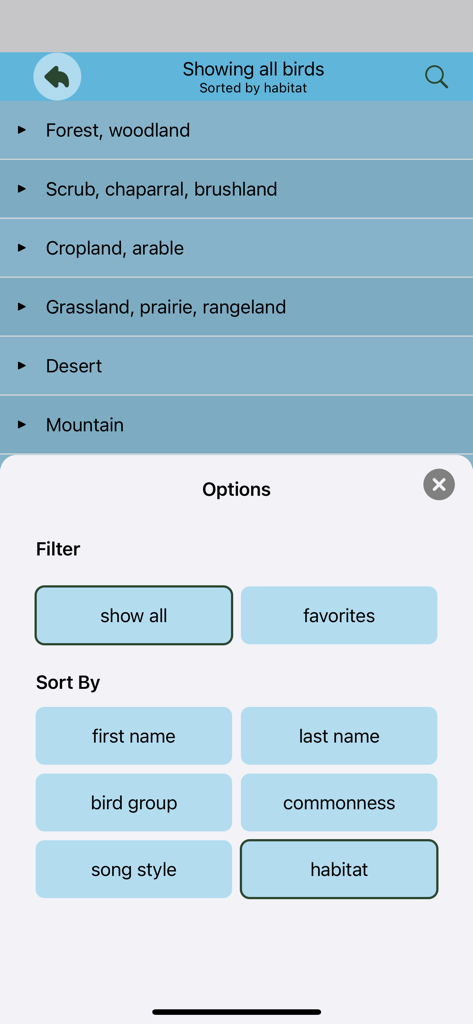 Chirp! Bird Songs & Calls USA - Menu delle opzioni nell'app di identificazione degli uccelli che mostra filtri e categorie di ordinamento come habitat e diffusione