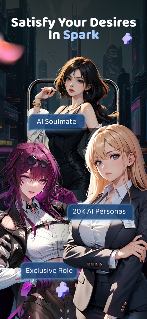 Three anime-style female AI characters showcasing different roles and personas available in Spark Chat app.