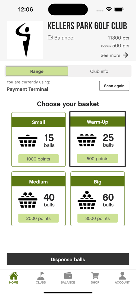 Compu Golf - Pantalla de selección de cesta en la aplicación Compu Golf mostrando opciones para cantidades de bolas de golf pequeñas, medianas y grandes para calentar
