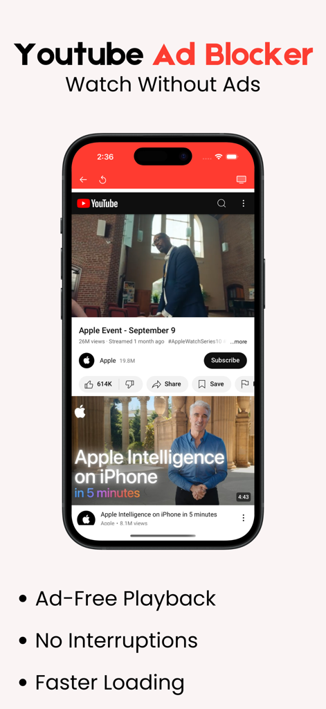 Aplicación Ad Blocker para YouTube mostrando reproducción sin anuncios y funciones de carga más rápida