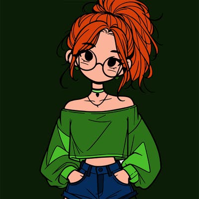 girl with a messy ponytail glasses a baggy crop top and jean shorts