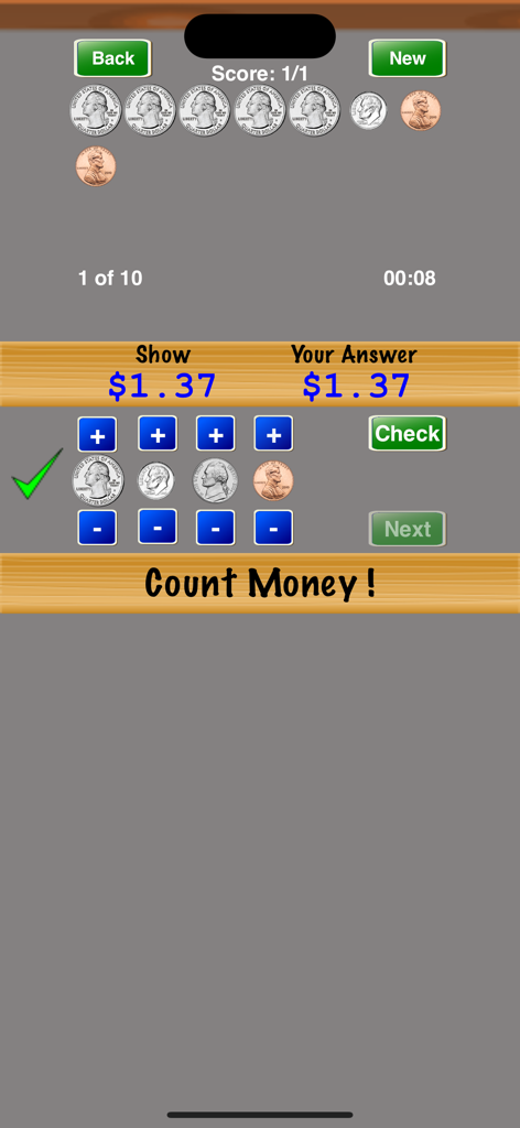 Count Money ! - Oberfläche der Geldzähl-App, die eine richtige Antwort für das Zählen von 1,37 US-Dollar mit US-Münzen zeigt.
