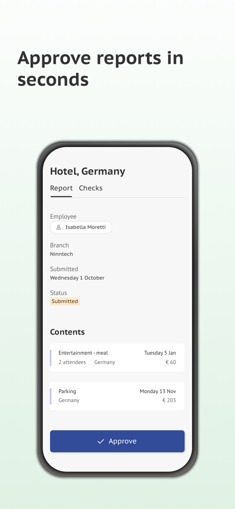 Schermata dell'app mobile Skovik che mostra un report spese aziendale con un pulsante di approvazione