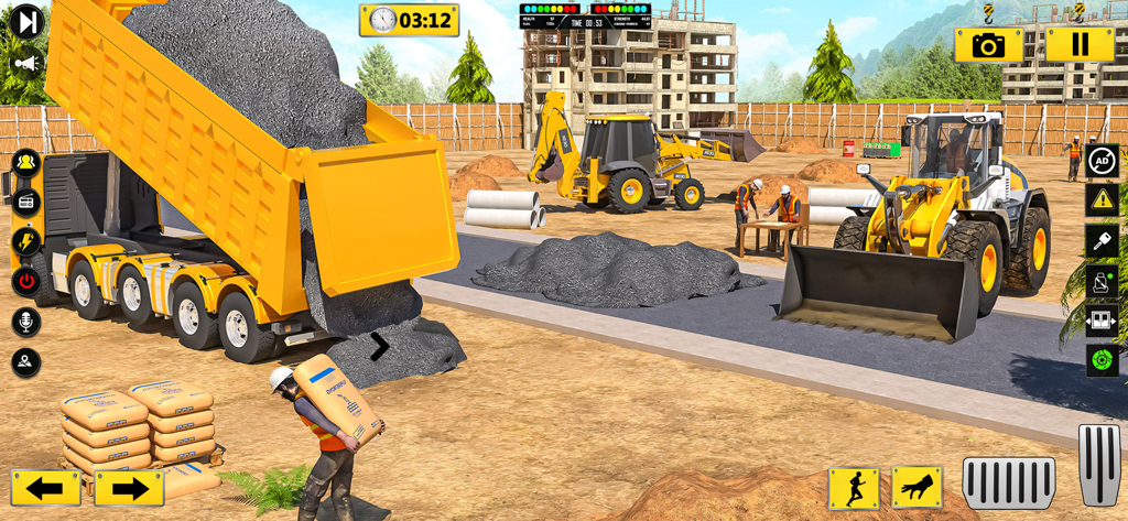 Construction Truck Sim 3D - A construction site scene with a yellow dump truck, front end loader, and excavator in a simulation game.