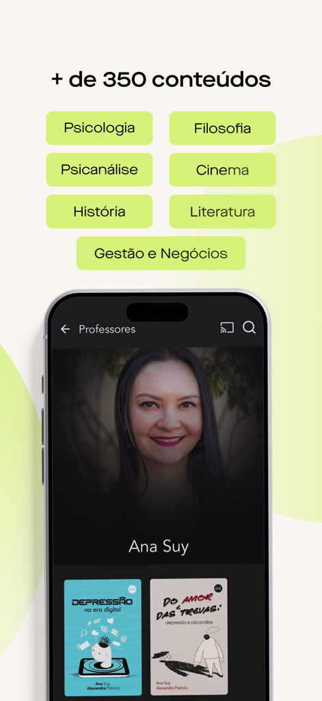 Casa do Saber: Cursos e mais - Captura de pantalla de la aplicación educativa Casa do Saber que muestra categorías de cursos como Psicología y Filosofía junto con el perfil de un profesor.