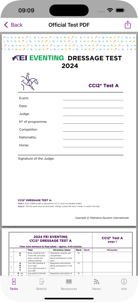 FEI EquiTests 2 - Eventing - Official FEI Eventing Dressage Test PDF and score sheet view.