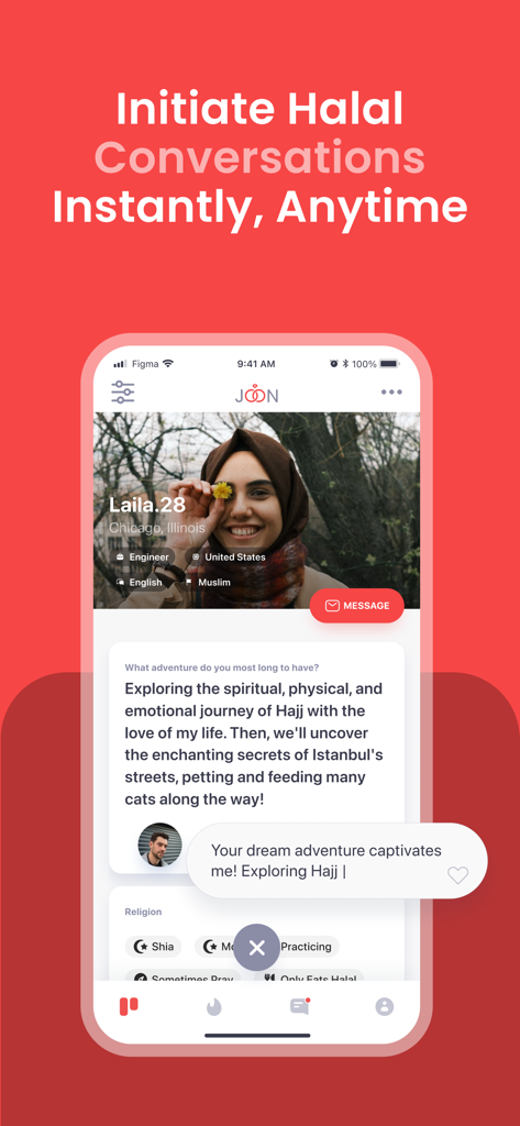 A screenshot of the Joon Muslim Marriage app showing a user profile and the option to initiate a halal conversation instantly