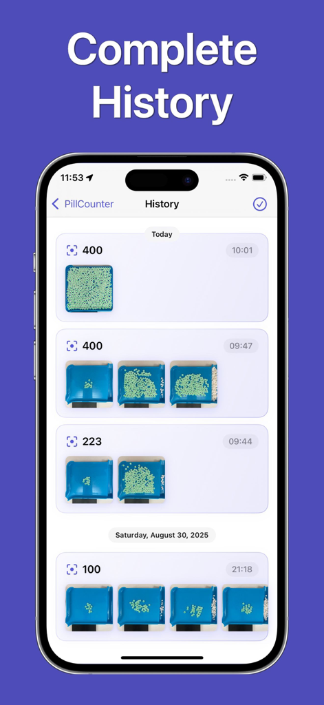 The history screen of the Pill Counter app displaying a list of previous pill counts with dates and images.