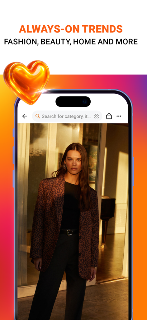 Trendyol: Online Shopping - Trendyol mobile app display showing a woman in a leopard print blazer with the slogan Always On Trends