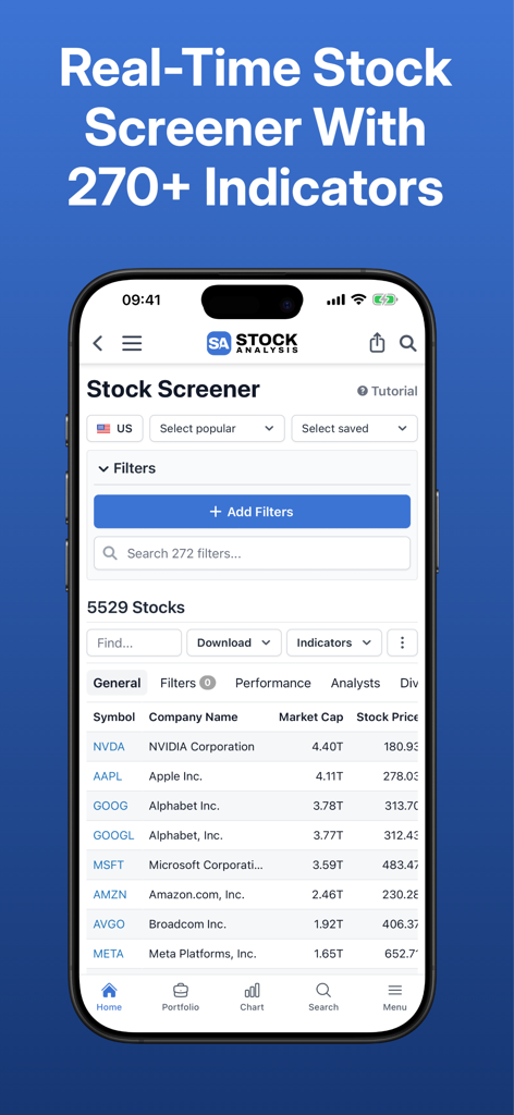 Real-time stock screener interface in the Stock Analysis app showing 270 plus indicators and top US stocks