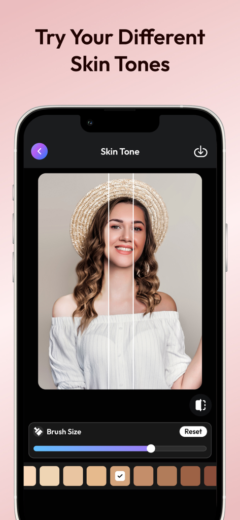 Interface of the Make Me Slim app showing the skin tone adjustment feature with a variety of complexion options.