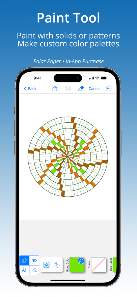 GridMaker - Interfaz de la aplicación GridMaker que demuestra la herramienta de pintura en una cuadrícula polar circular con un patrón verde y marrón