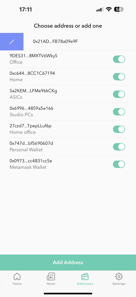 unMineable - The unMineable app screen showing a list of crypto wallet addresses with custom aliases like Office and Home.