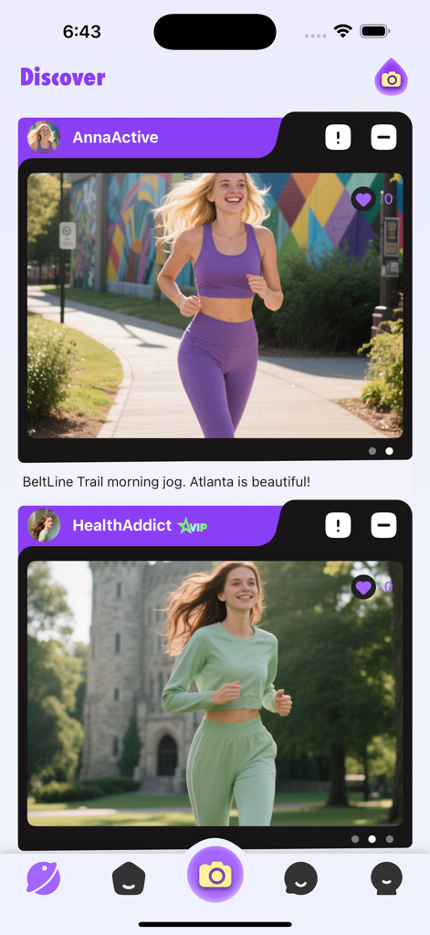 Discover feed on the Jogy app showing social posts of women jogging in scenic urban parks.