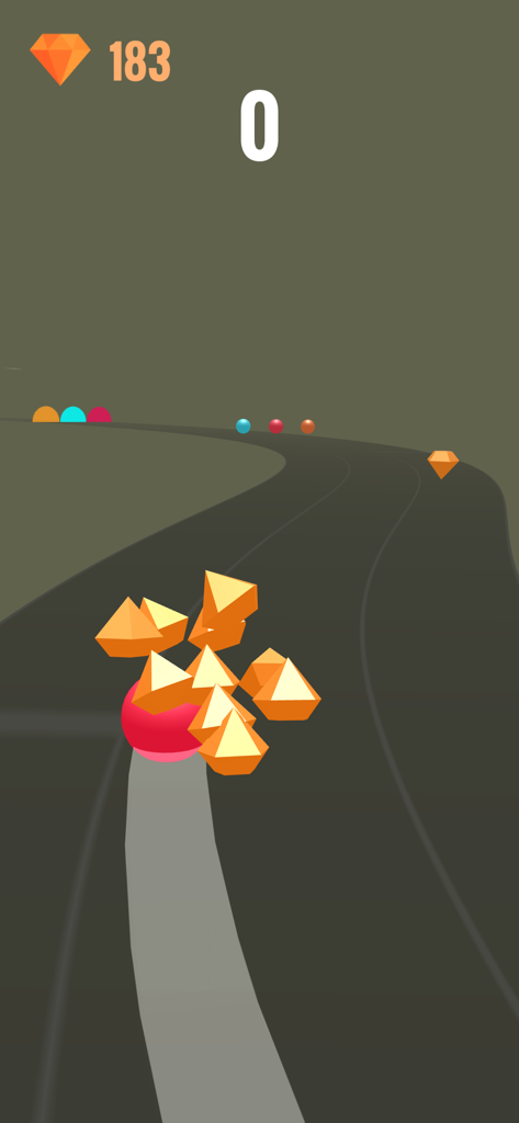 Color Ball Rush! - Bola vermelha rolando em uma pista coletando diamantes laranja na jogabilidade de Color Ball Rush