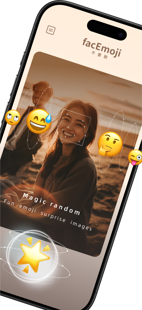 facEmoji -fun photo - Interfaz de la app facEmoji mostrando detección automática de caras y divertidas pegatinas de emojis en una foto de retrato