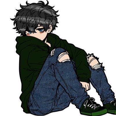 a male hoddie ripped jeans messy hair anime