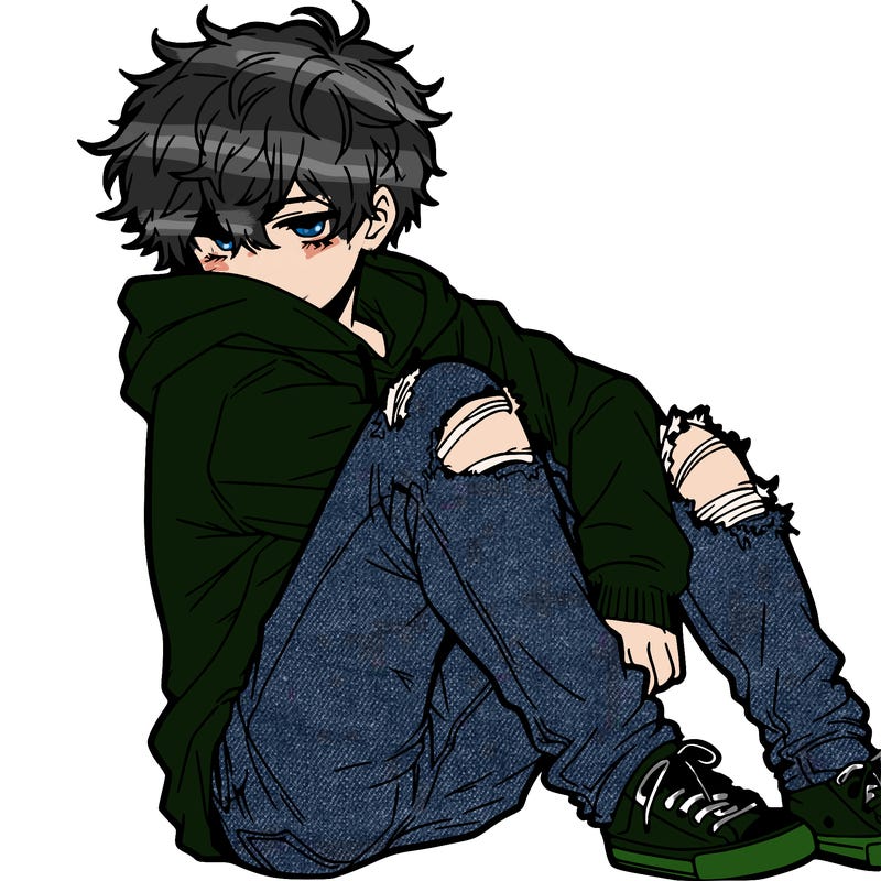 a male hoddie ripped jeans messy hair anime