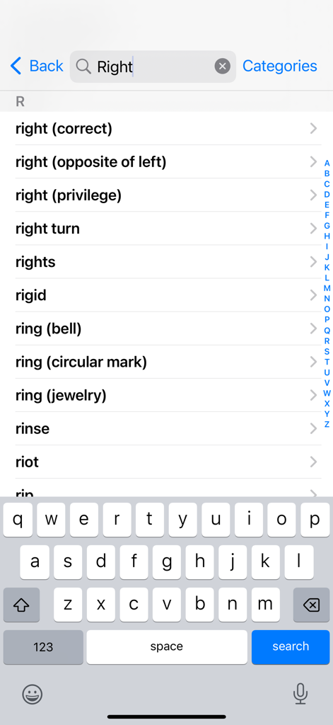 ASL Dictionary - ASL Dictionary app search screen showing multiple meanings for the word right