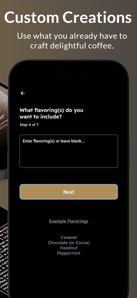 Pantalla de teléfono inteligente que muestra el paso de la aplicación Coffee-AI para introducir saborizantes para una bebida de café personalizada.