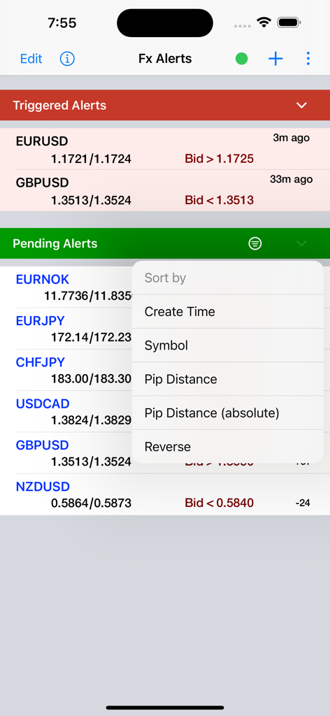 Forex Price Alerts - Forex Price Alerts app showing pending alerts and sorting options menu