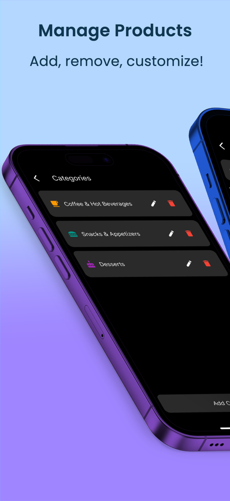 Interface for managing and customizing menu categories like coffee, snacks, and desserts in the digital menu app.