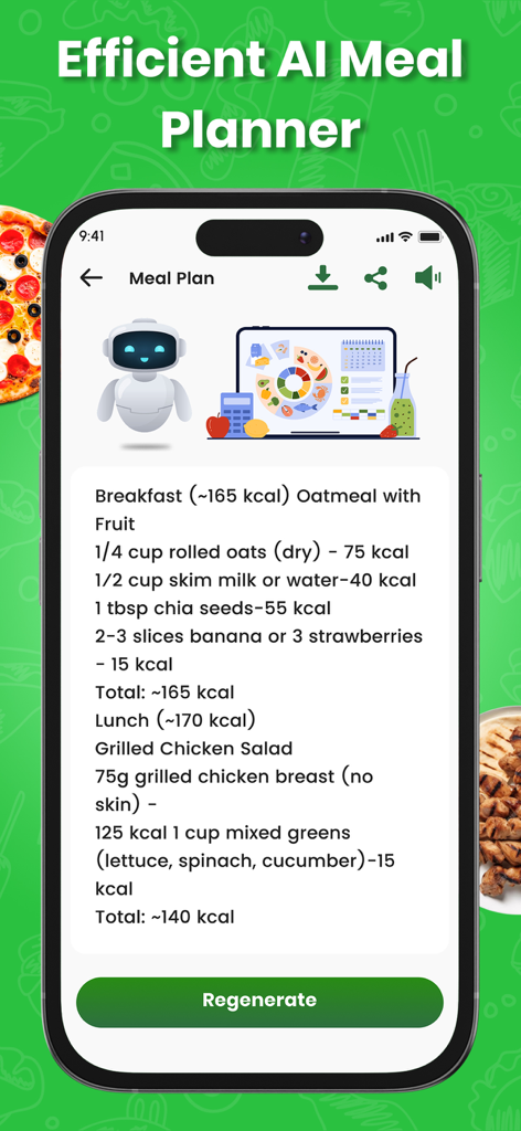 Pantalla del plan diario de la aplicación AI Meal Planner que muestra un plan detallado de alimentos con conteo de calorías para el desayuno y el almuerzo