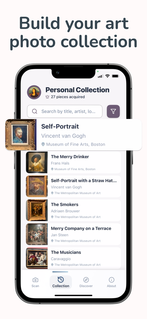A smartphone displaying the ArtScan AI app showing a curated personal collection of famous paintings including works by Van Gogh and Caravaggio with artist and museum details.