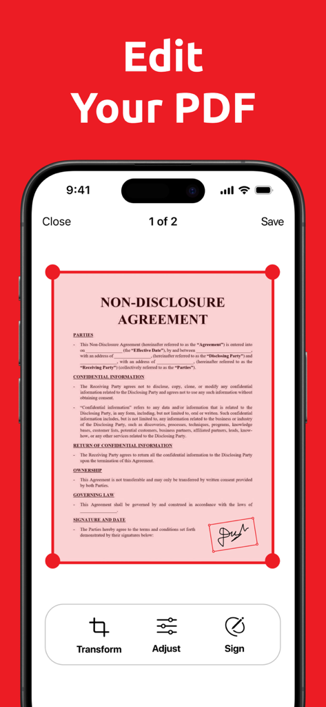PDF Converter app interface showing document editing and signing features