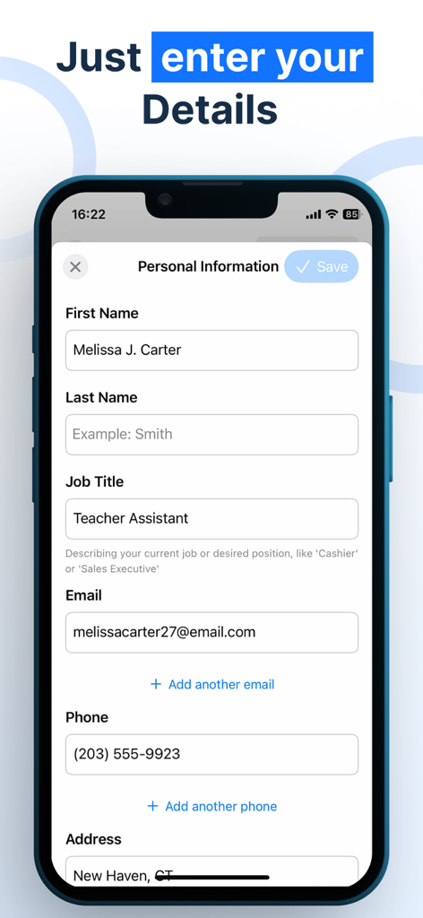 WeBuildCV: Resume Maker PDF AI - Interface do aplicativo móvel para inserir detalhes pessoais em um criador de currículos profissional.