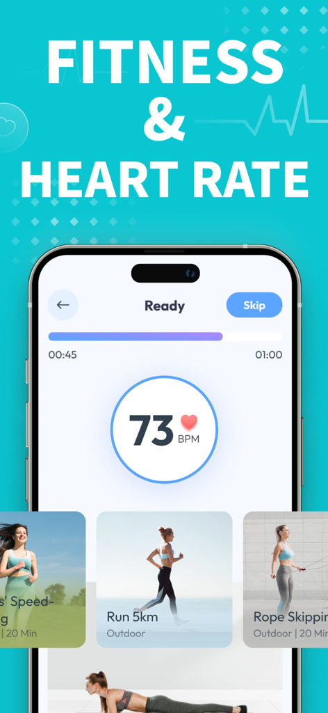 Heart rate monitor app showing a pulse reading of 73 bpm and fitness activities like running and rope skipping