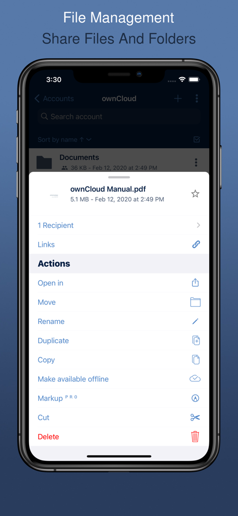 Aplicación móvil ownCloud mostrando acciones de gestión de archivos y opciones de compartición.