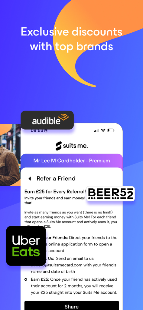 Suits Me - Banking Alternative - Benutzeroberfläche der Suits Me App, die ein Empfehlungsprogramm und exklusive Markennachlässe anzeigt