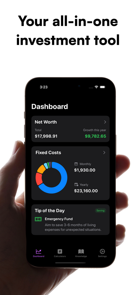 Investr app dashboard on iPhone showing net worth growth and monthly fixed costs breakdown
