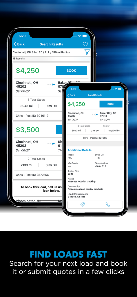 TQL Carrier Dashboardモバイルアプリに貨物輸送の検索結果と輸送の詳細が表示されています