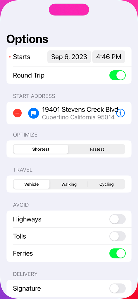Route Planner app options screen showing settings for route optimization travel mode and avoidance preferences