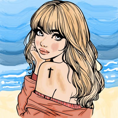 realistic girl with bangs looking over her shoulder