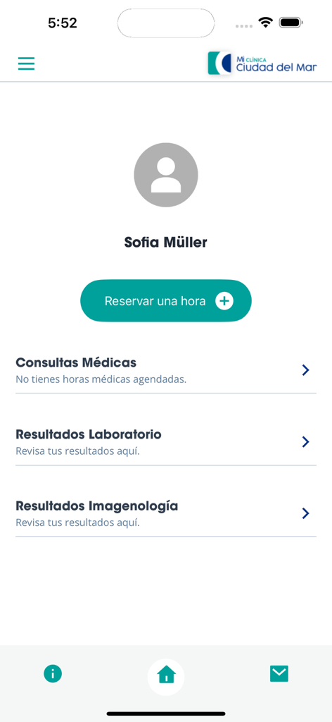 Clínica Ciudad del Mar - Panel de control de la app Clinica Ciudad del Mar que muestra el perfil del usuario y las opciones de citas médicas