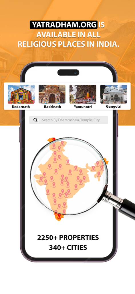 A smartphone showing the YatraDham app with a map of India featuring numerous pilgrimage accommodation pins and links to popular sites like Kedarnath and Badrinath