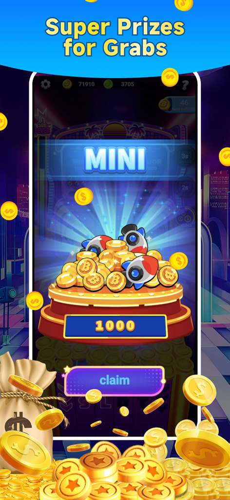 Lucky Pusher: Coin Dozer Game - Lucky Pusher coin dozer game screen showing a mini jackpot prize claim of 1000 coins