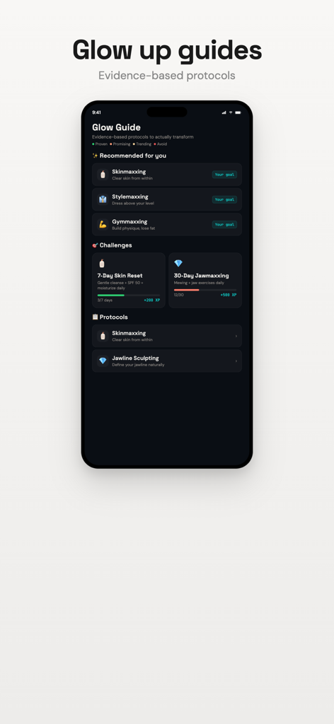 Glow Up App - AI Face Rating - Glow Up Appのグローガイドインターフェース、ルックスマキシミングプロトコルとチャレンジを表示