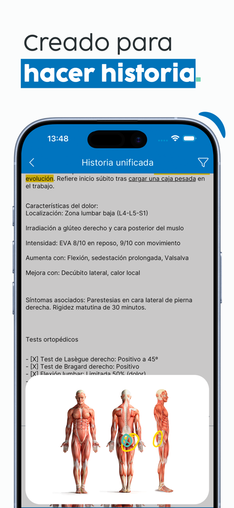 Mobile screen showing clinical history notes and anatomical diagrams within the Archivex Clinical app