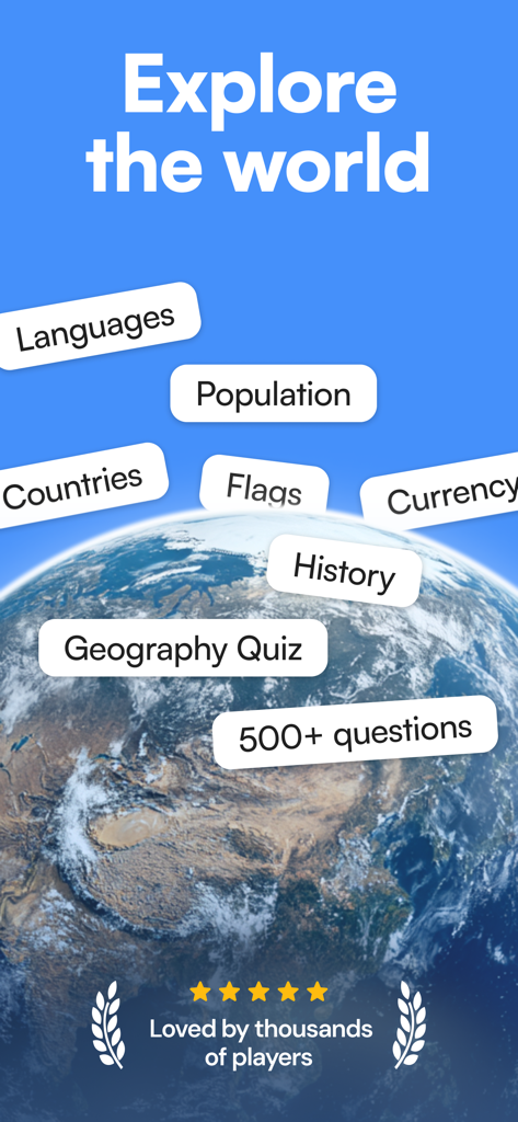 StudyGe world geography quiz app screenshot showing features and user rating